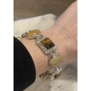 Whitney Kelly Sterling Silver WK Tigers Eye Jasper Multi-stone Link Bracelet